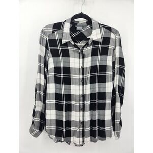 Soho Jeans Black White Plaid‎ Button Down Shirt Roll Tab Sleeve Womens M